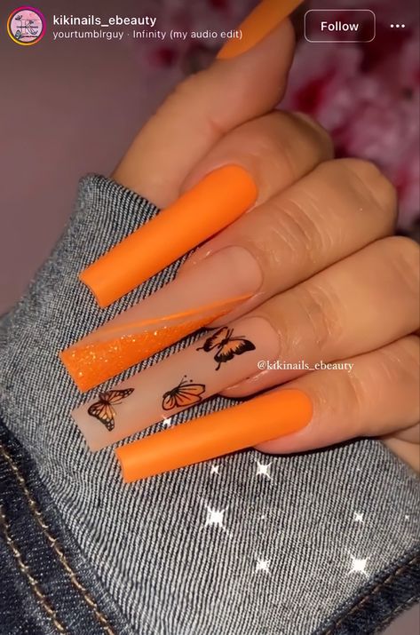 Long Neon Orange Acrylic Nails, Colorful Coffin Acrylic Nails, Acrylic Nails Yellow, Neon Orange Nails, Orange Acrylic Nails, Orange Nail, Spring Acrylic Nails, Acrylic Nail Set, Drip Nails