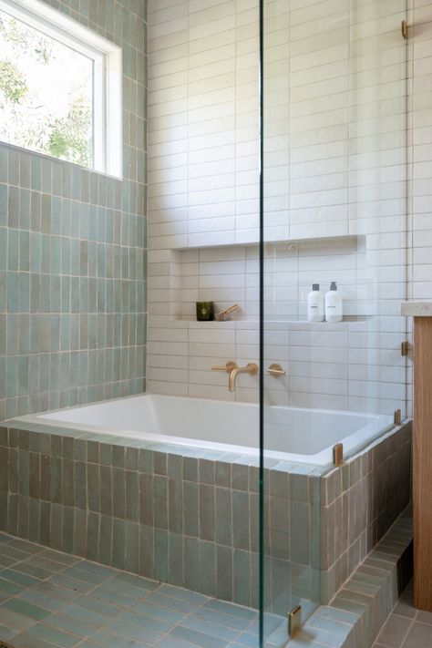 San Clemente Sweeties — Solstice Interiors Two Bathtubs In Bathroom, Wet Room Bathroom Drop In Tub, Zellige Tub Surround, Bathtub In Shower Combo, Cathedral Ceiling Bathroom Ideas, Tub With Skylight, Tiny Bathroom With Window, Undermount Tub Shower Combo, Bathroom Design With Walk In Shower And Freestanding Bathtub