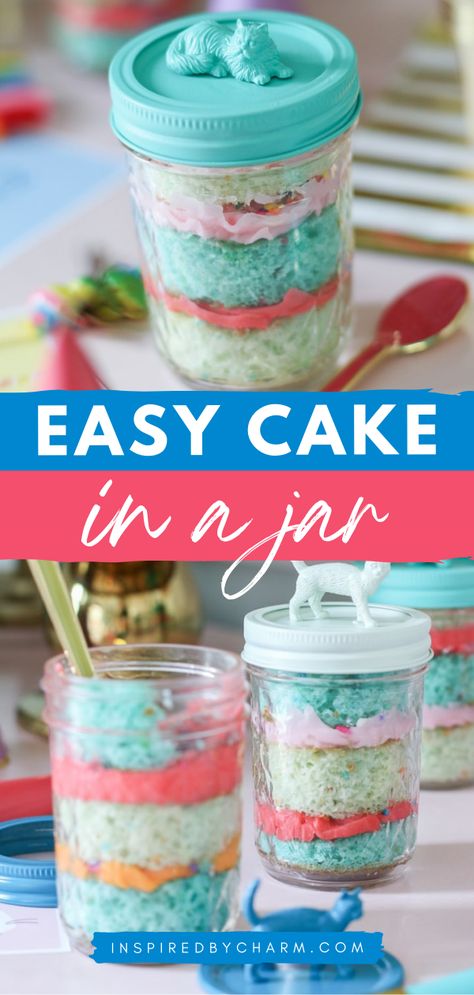 Need an easy dessert recipe for a party? Learn how to make Cake in a Jar! Layered with colorful cream cheese frosting, these mason jar cakes are cute and delicious. Everyone will enjoy this simple sweet treat! Cake In A Jar Recipe, Mason Jar Desserts Recipes, Jar Magic, Mason Jar Cakes, Mason Jar Desserts, Cupcake In A Jar, Colorful Cake, Cake In A Jar, Recipe Cake