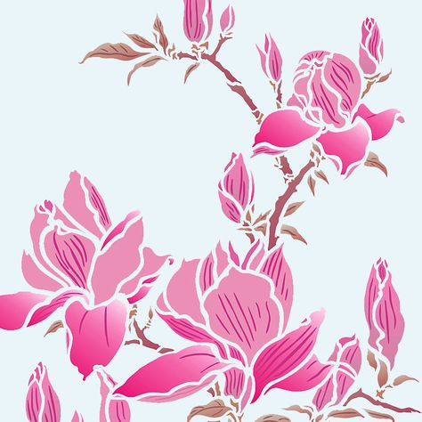 Magnolia Stencil, Magnolia Flower Drawing, Pictures In Frames, Stencil Flower, Wall Art Panels, Fabric Painting Techniques, Saree Painting, Floral Stencil, Magnolia Tree