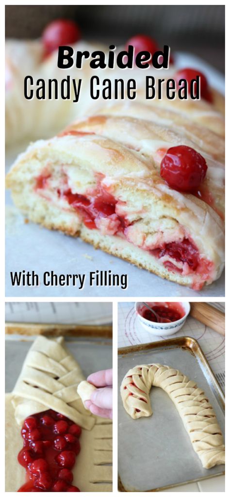 This delicious cherry filled candy cane braided bread is drizzled with a sweet vanilla icing! It’s the perfect treat for the holidays. Candy Cane Bread, Braided Bread Recipe, Christmas Brunch Recipes, Filled Candy, Christmas Pastries, Homemade Croissants, Christmas Bread, Cherry Filling, Braided Bread