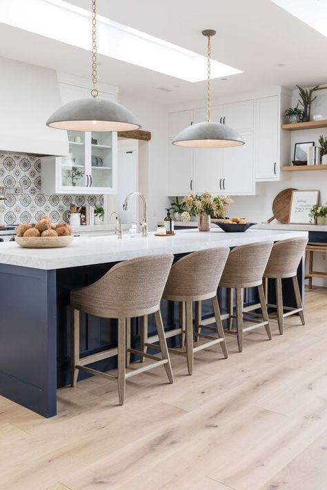 Love this beautiful kitchen design -- the modern pendant lights, woven counter stools and extra long island are stunning! Modern Coastal Kitchen, Pure Salt Interiors, Coastal Kitchen Design, Pure Salt, Blue Kitchen Cabinets, Beautiful Kitchen Designs, Be Design, Kitchen Design Trends, Coastal Kitchen