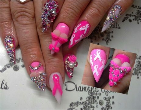 Pink Ribbon Nails, Stiletto Nail Art, Romantic Nails, Victoria British Columbia, Diamond Nails, Art Nails, Nail Studio, British Columbia Canada, Nail Inspiration