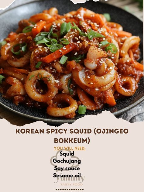 Korean Spicy Squid Recipe, Ojingeo Bokkeum, Squid Recipes, Red Pepper Paste, Pepper Paste, Minced Onion, Green Onion, Filipino Recipes, Sesame Oil