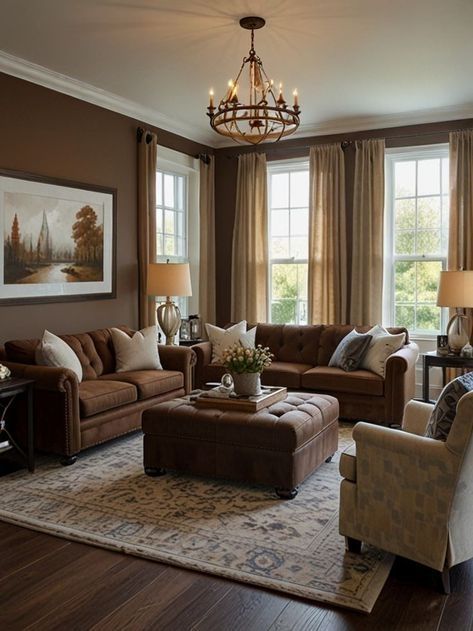 Brown Couch Living Room Ideas, Dark Wood Living Room, Living Room Basement, Dark Brown Couch Living Room, Brown And Cream Living Room, Brown Walls Living Room, Brown Sofas, Elizabeth House, Brown Furniture Living Room