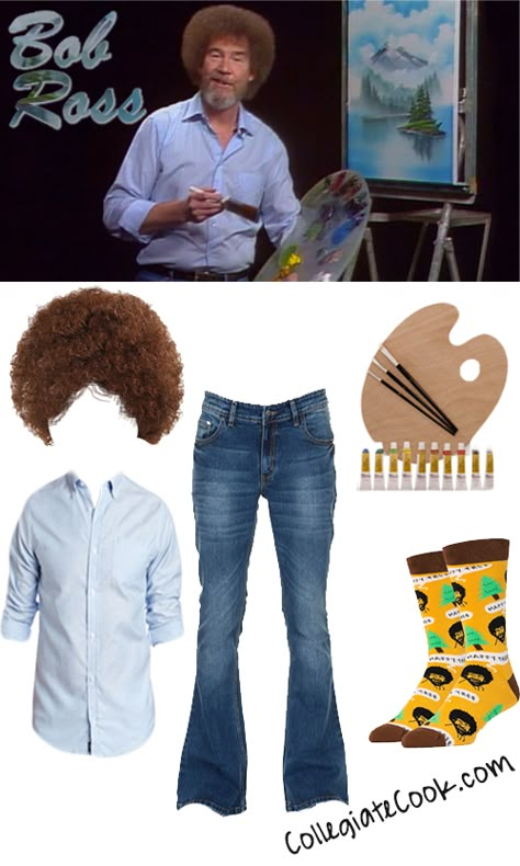 Bob Ross Family Halloween Costume, Bob Ross Costume Woman, Bob Ross Trunk Or Treat, Bob Ross Couple Costume, Costume Movie Characters, Work Costume Ideas, Bob Ross Party, Bob Ross Halloween Costume, Man Costume Ideas