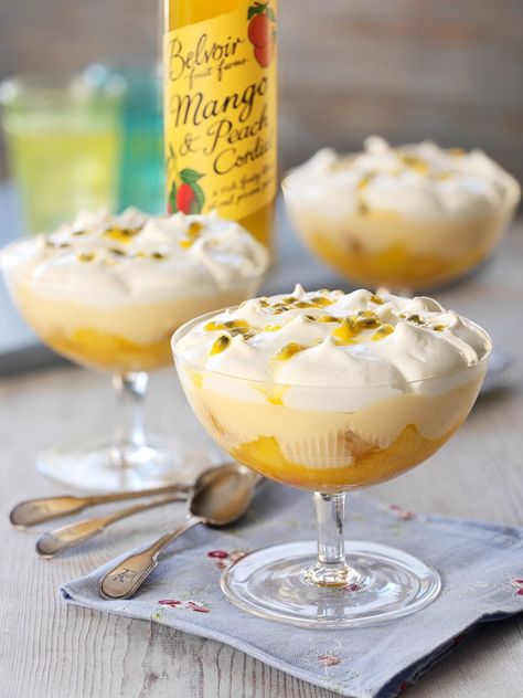 Mango Peach And Passion Fruit Trifles. Thanks for stopping by today. How sweet are these mango peach and passion fruit trifles?Fancy trying one? If you pre Passion Fruit Trifle, Mango Trifle, Christmas Trifle Recipes, Trifle Bowl Recipes, Fruit Trifle, Delicious Cookies Homemade, Christmas Trifle, Trifle Recipes, Tea Cup Cake