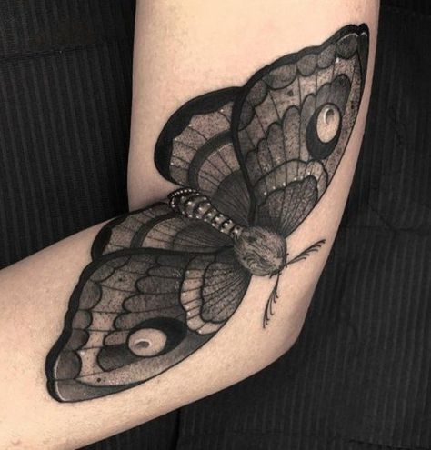 Moth Tattoo Arm Crease, Moth Elbow Tattoo Open Close, Moth Tattoo On Arm, Traditional Cover Up Tattoo, Elbow Crease Tattoo, Luna Moth Tattoo, Moth Tattoo Design, Elbow Tattoos, Wing Tattoo