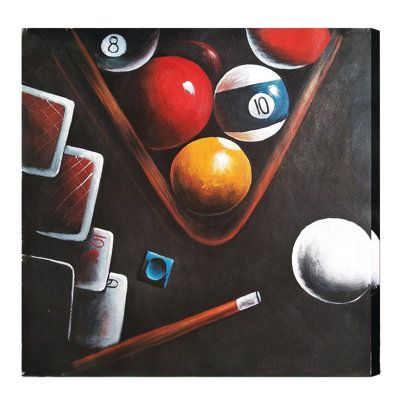 Billiards themed oil painting featuring balls in rack on canvas that will undoubtedly add charisma to your recreational space. Each of these beautiful pieces boast hand painted details. | Winston Porter Wrapped Canvas Painting Canvas in Black / Red / Yellow, Size 24.0 H x 24.0 W x 2.0 D in | Wayfair | Home Decor Billards Art, Medallion Wall Decor, Tree Wall Decor, Oil Canvas, Abstract Nature, Geometric Wall, Billiard Balls, Cool Walls, Billiards