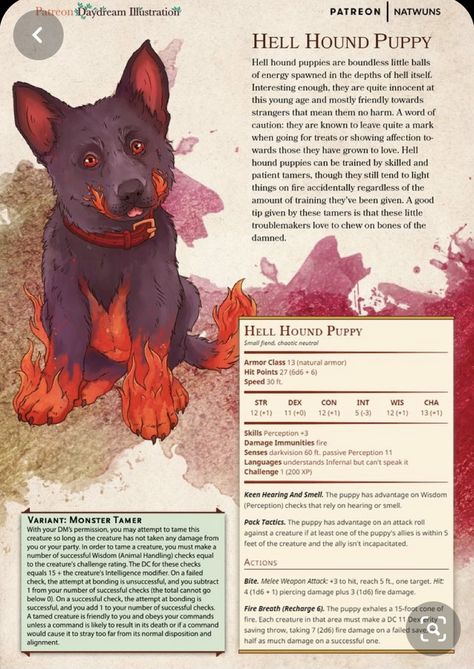 Dungeons And Dragons Animals, Fire Monsters Dnd, Dnd Fire Creatures, Dnd Creatures Monsters, Dnd Companion Animals, Dnd Animal Companion, Dnd Pet Companion, Dnd Companions, Fire Animals