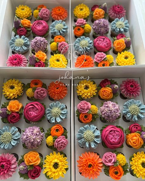 Floral Bridal Shower Cupcakes, Floral Theme Birthday Cake, Colorful Flower Cupcakes, Floral Themed Cupcakes, Wild Flower Wedding Cupcakes, Floral Cupcake Designs, Bright Flower Cupcakes, Love Is In Bloom Cupcakes, Wildflower Themed Cupcakes