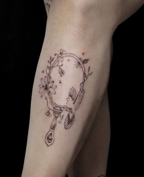 Mirror With Flowers Tattoo, Bridgerton Tattoo Ideas, Bridgerton Tattoo, Whimsical Tattoo Sleeve, Hand Mirror Tattoo, Tattoo Whimsical, Ego Tattoo, Whimsical Tattoo, Tattoos 2022