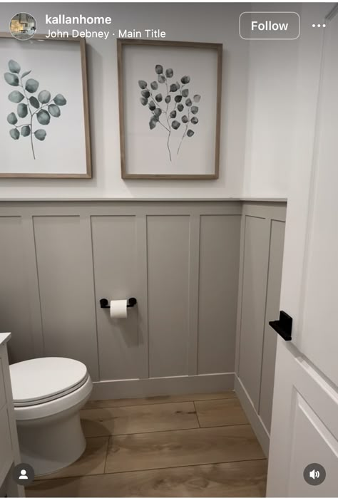 Wainscoting Behind Bathroom Vanity, Farmhouse Bathroom With Wainscotting, Powder Room Vertical Shiplap, Half Panelled Bathroom Walls, Gray Wainscoting Bathroom, Panelling In Toilet, Toilet Wall Panelling, Powder Room Batten Board, Farmhouse Bathroom With Board And Batten