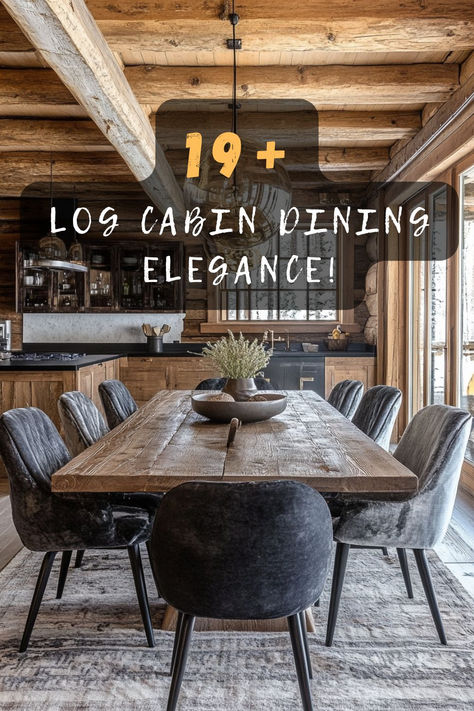 Explore the rustic charm of log cabin dining rooms! Click for 19 ideas that blend natural wood with cozy style. 🌲🍽️🏞️ #LogCabinStyle #DiningRoomDecor #RusticCharm #CozyDining #HomeIdeas Big Kitchen Table Ideas, Chalet Dining Table, Ski House Dining Room, Lake House Dining Room Lighting, Modern Cabin Dining Room, Updated Log Cabin Interior, Cabin Dining Room Ideas, Mountain Modern Dining Room, Forest Cabin Interior