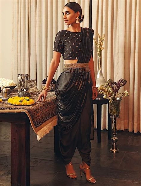 Gorgeous Saree Fashion Trends for 2021 | DESIblitz Saree Dhoti, Indian Wedding Bridesmaids, Dhoti Skirt, Latest Saree Trends, Velvet Saree, Dhoti Saree, Indo Western Dress, Western Dress, Drape Saree