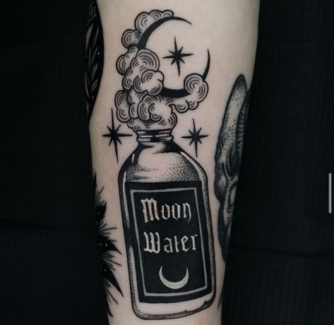 Witchy Cover Up Tattoos, Witchy Tattoo Cover Up Ideas, Spooky Witch Tattoo, Sleeve Tattoos Witchy, Old School Witchy Tattoos, Spell Tattoo Witchcraft, Witchy Vibes Tattoo, Witch Patch Work Tattoo, Witchy Shin Tattoo