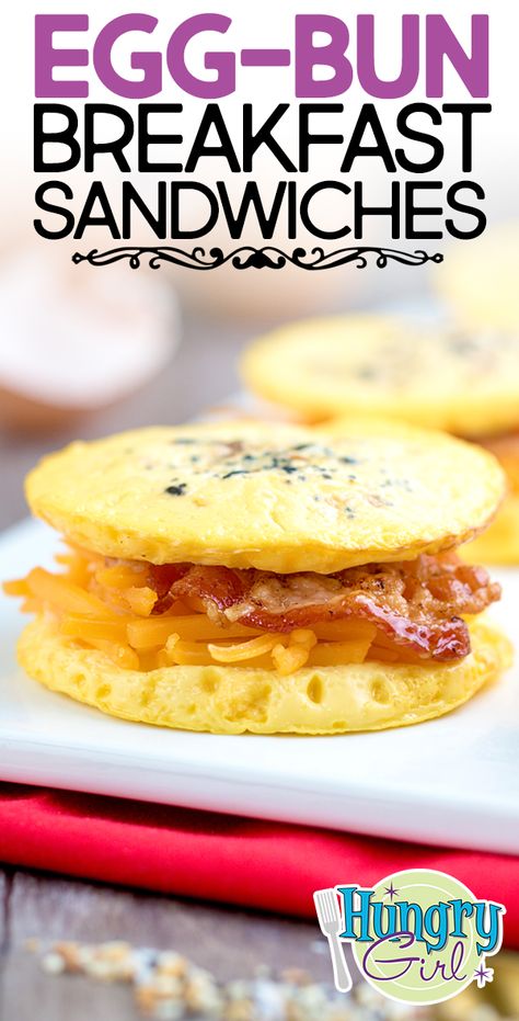 Low-Carb Egg-White Breakfast Sandwiches + More Healthy Breakfast Recipes | Hungry Girl Egg Patties How To Make, Gastric Bypass Breakfast Recipes, Egg Tomato Breakfast Sandwich, Bariatric Soft Food Breakfast Ideas, Egg Bun Breakfast Sandwich, Keto Egg Sandwich Breakfast, Keto Egg Sandwich, Egg Patty For Sandwiches, Bariatric Sandwich Recipes