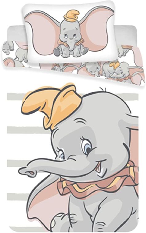 Dumbo cotton duvet cover set for baby bed. Duvet cover 100 x 135 cm. Pillowcase 60 x 40 cm. 100% cotton - machine washable. For a cot with bars or convertible cot bed. Not suitable for a single bed Dumbo Cake, Dumbo Nursery, Dumbo 1941, Dumbo Movie, Disney Silhouette Art, Trendy Bedding, Elephant Bedding, Disney Aristocats, Baby Cot Bedding