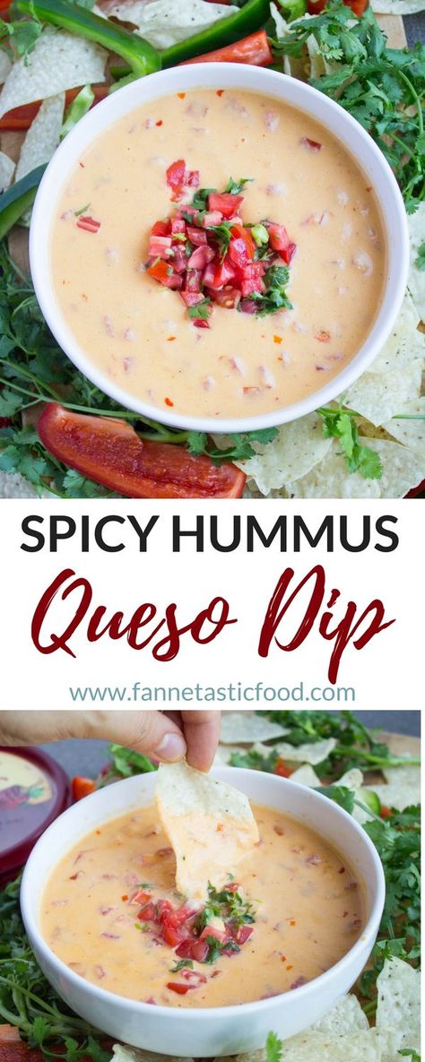 Spicy Hummus Queso Dip - a healthier option for tailgating and parties, but still creamy, cheesy, rich, and delicious! | healthy appetizer recipes | healthy queso dip | recipes using hummus | Recipes Using Hummus, Healthy Queso Dip, Healthy Queso, Appetizer Recipes Healthy, Jalapeno Recipes Appetizers, Friendsgiving Recipes Appetizers, Healthy Tailgate Food, Pilsbury Recipes, Spicy Hummus