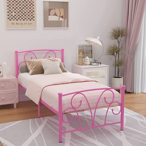 Timy Pink Kids Twin Bed Frame with Headboard and Footboard , Metal Platform Bed Frame with 12 Inch Storage Space for Boys Girls Teens Adults, No Box Spring Needed Pink Twin Bed, Kids Twin Bed Frame, Girls Twin Bed, Iron Furniture Design, Kids Twin Bed, Kids Bed Frames, Metal Platform Bed Frame, Twin Size Bed Frame, Princess Bed