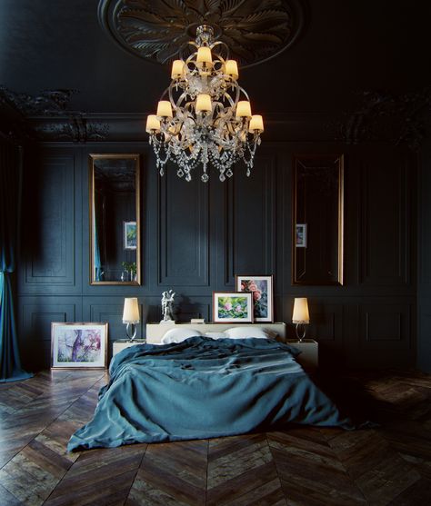 Black Haussmann - CGI on Behance Haussmann Interior, Black Bedroom Furniture, Moody Interiors, Loft Interior, Dark Bedroom, Black Bedroom, Luxurious Bedroom, Green Walls, Bedroom Black