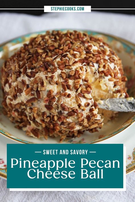 Pineapple pecan cheese ball combines cream cheese, crushed pineapple, peppers, scallions, and pecans. This pineapple cheese ball is the perfect sweet-salty addition to any party or gathering! Cheese All With Pineapple, Pecan Cheese Ball Recipes, Pineapple Pecan Cheese Ball, Cheese Ball Recipes With Pineapple, Cheeseball Recipes With Pineapple, Pineapple Cheeseball Easy, Hawaiian Cheese Ball, Pineapple Cheese Ball With Pecans, Pineapple Pecan Cheeseball