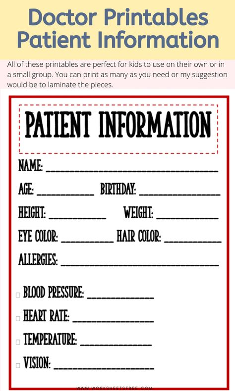 Doctor Printables Patient Information Worksheets | Worksheets Free Doctor Printable, Kids Playing Doctor, Doctor Play, Pretend Play Printables, Play Preschool, Play Printables, Play Doctor, Dramatic Play Printables, Diy Doctor