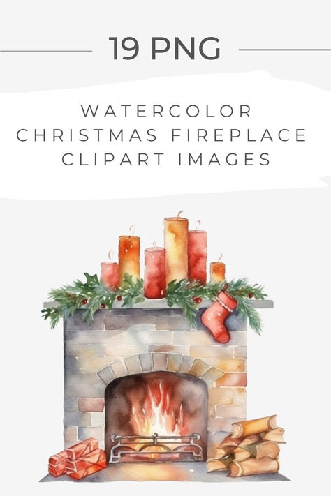 Watercolor Christmas Fireplace, Fireplace Illustration Christmas, Christmas Fireplace Illustration, Watercolor Fireplace, Chimney Drawing, Fireplace Watercolor, Fireplace Clipart, Fireplace Illustration, House Drawings