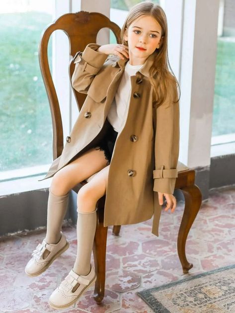 Girls Double Breasted Belted Trench Coat | SHEIN USA Mini Trench Coat Outfit, Shein Trench Coat, Zara Single-breasted Pea Coat With Long Sleeves, Kids Trench Coat, Girls Dress Coats, Girls Trench Coat, Trench Coat Outfit, Belted Trench Coat, Coat Outfit