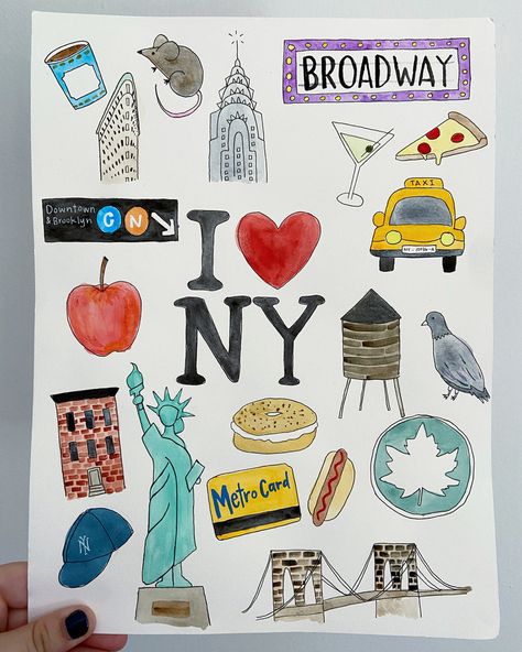 New York Simple Drawing, New York Canvas Painting, New York Easy Drawing, Nyc Aesthetic Drawing, New York City Doodles, Nyc Journal Page, New York Journal Ideas, How To Draw New York, Easy Nyc Painting