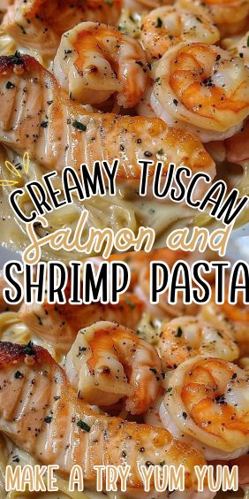 Creamy Tuscan Salmon and Shrimp Pasta Creamy Tuscan Salmon Pasta, Tuscan Salmon And Shrimp, Salmon And Shrimp Pasta Recipes, Shrimp And Salmon Pasta, Shrimp And Salmon Recipes, Pasta With Shrimp Recipes, Salmon Shrimp Pasta, Salmon And Shrimp Pasta, Tuscan Salmon Pasta