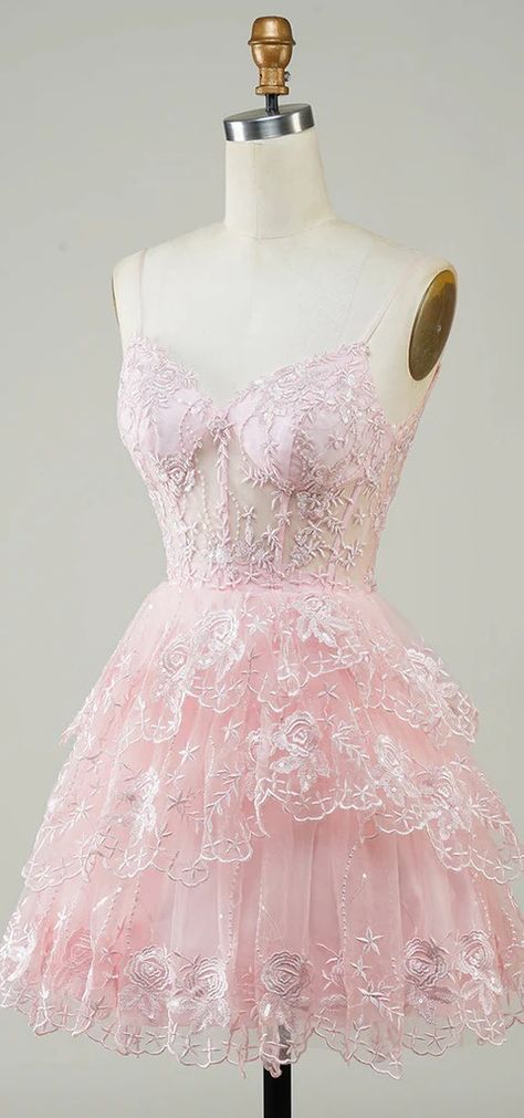 Elegant Spaghetti Straps A-line V-neck Short Tulle Homecoming Dresses – RomanBridal Pink Fancy Dresses, Pink Party Dress Short, Short Dress Flowy, Sparkly Corset, Corset Homecoming Dress, Pink Short Dress, Black Lace Evening Dress, Burgundy Homecoming Dresses, Dama Dresses