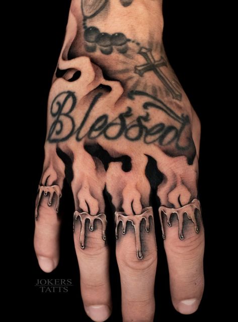 Check me out on Instagram! @jokerstatts432 Hand Tattoos For Guys Drawings, Hand Tattoo Filler, Men Knuckle Tattoos, Hold Fast Tattoo Hands, Men’s Full Finger Tattoos, Candle Finger Tattoo, Year Hand Tattoo, Candle Hand Tattoo, Top Of Hand Tattoos Men