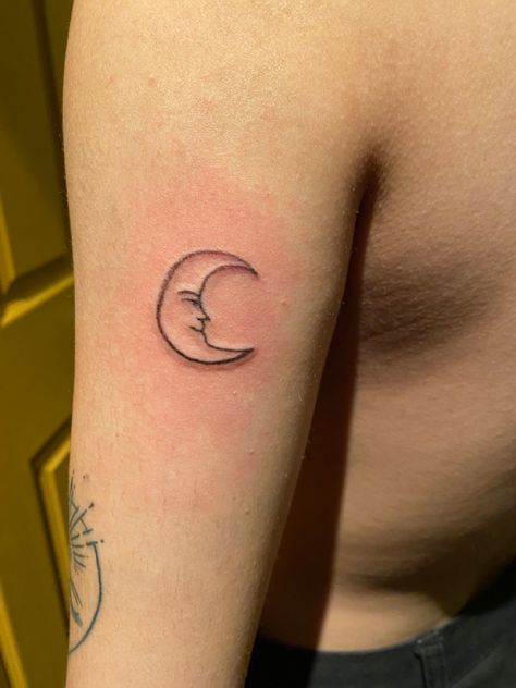 Man In Moon Tattoo, Moon Tattoo Men Simple, Small Moon Tattoo Men, Moon Man Tattoo Designs, Guy Moon Tattoo, Manly Moon Tattoo, Man On The Moon Tattoo, Man In The Moon Tattoo, The Moon Tattoo