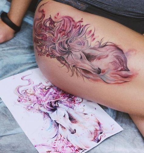 Watercolour Horse Tattoo, Pretty Horse Tattoo, Small Unicorn Tattoo For Women, Watercolor Unicorn Tattoo, Horse Thigh Tattoo, Watercolor Horse Tattoo, Horse Tattoo Ideas For Women, Anna Tattoo, Horse Tattoo Ideas