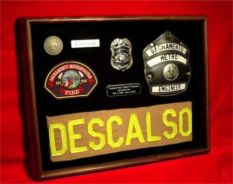 Fire service shadow box Fire Dept Decor, Firefighter Man Cave, Fire Department Decor, Firefighter Room, Fireman Decor, Firefighter Crafts, Shadow Box Ideas, Firefighter Home Decor, Firefighter Retirement