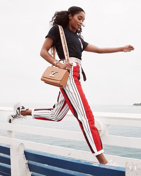 Laura Harrier, Malibu Pier, Iconic Lines, Louis Vuitton Top, Louis Vuitton Official, French Brands, Vuitton Bag, Louis Vuitton Twist Bag, Louis Vuitton Handbags