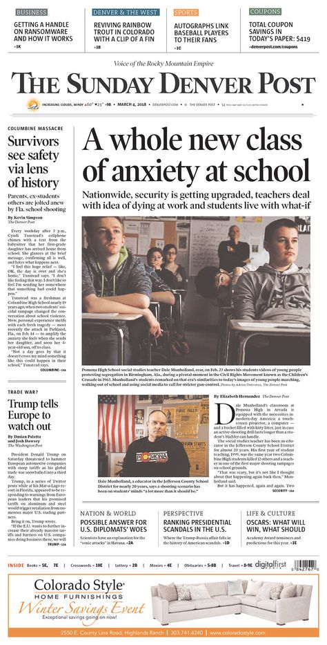 Today's Front Page of The Denver Post (http://www.denverpost.com) via @Newseum #TFP http://www.newseum.org/todaysfrontpages/ Mass Media Project Cover Page, Hair Advertising, Newspaper Design Layout, Editorial Layouts, Project Cover Page, Newspaper Layout, Newspaper Front Pages, Student Newspaper, English Newspapers