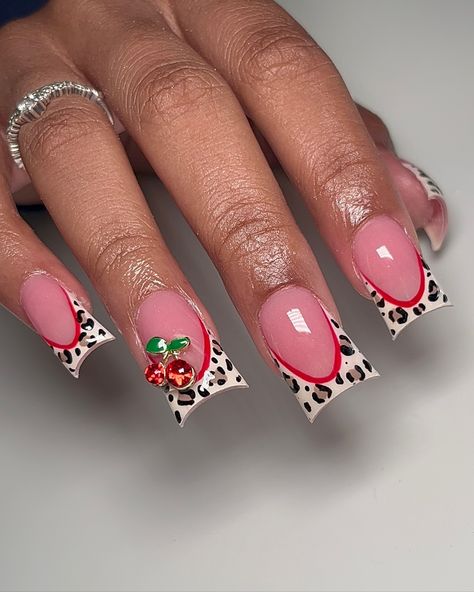 Loving the animal prints 😍 - - - - - - - - - #nails #latto #cheetahprint #zebraprint #leopardprint #rednails #frenchtips #tutorial #nailtips #naildesign #nailporn #nailjunkie #junknails #cherrynails #pinknails Red Leopard French Tip Nails, Short Nails Leopard Print, Animal Print Nails Short, Nails Print Animal, Chetta Print French Nails, Cherry And Cheetah Nails, Y2k Animal Print Nails, Zebra And Cheetah Nails, Jaguar Print Nails