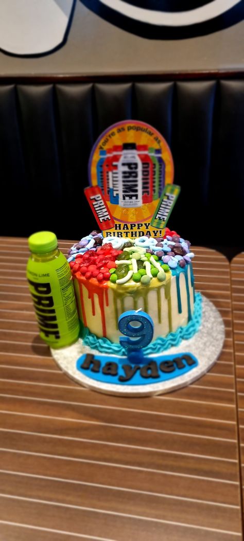 Prime Drink Cake 9 year old boy Cake Ideas For 11 Year Boy, Prime Drink Cake, Prime Drink Birthday Cake, Ten Year Old Boy Birthday Party Ideas, Cake For 9 Year Boy, Birthday Cakes For 10 Year Boy, Birthday Cakes For 7 Year Boy, Cake For 8 Year Boy, Boys 11th Birthday Cake