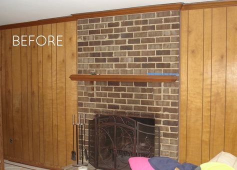 fireplace makeover White Brick Fireplace Wood Paneling, Brick Fireplace Wood Paneling, Wood Panel Fireplace Makeover, Brown Brick Fireplace Makeover, White Fireplace Dark Walls, White Brick Fireplace Makeover, 70s Fireplace Makeover, Red Brick Fireplace Makeover, Painted Fireplace Brick