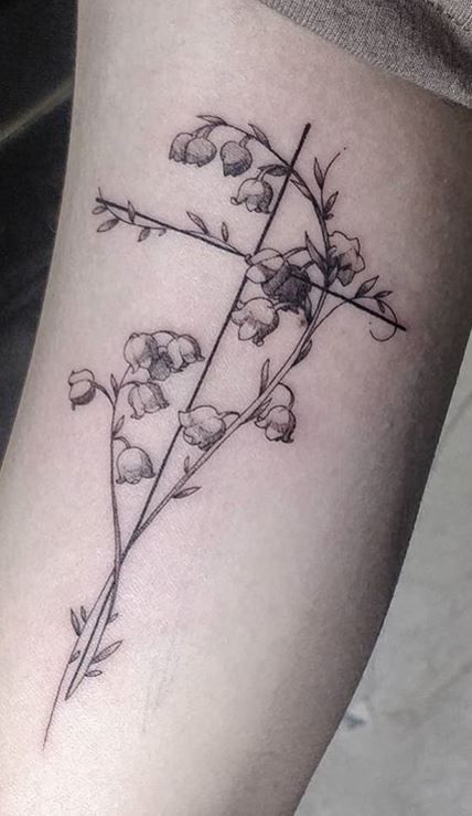 Victorian Floral Tattoo, Lily Of The Valley Tattoos, Pretty Cross Tattoo, Lily Of The Valley Tattoo, Valley Tattoo, Secret Tattoo, Western Tattoos, Skeleton Hand Tattoo, Lily Tattoo