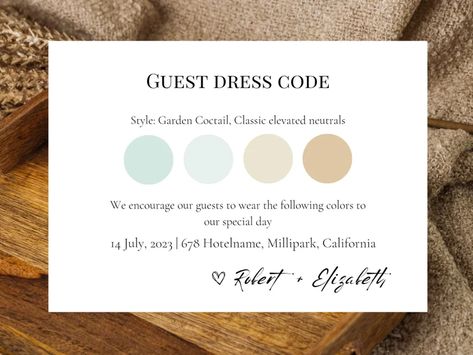 Guest Dress Code Wedding Attire Palette Attire Request Card - Etsy Turkey Wedding Guest Attire Request, Wedding Dress Code Ideas, Dresscode Party, Wedding Dress Code Guide, Wedding Dress Code, Dress Code Guide, Dress Code Wedding, Guest Dress, Wedding Board