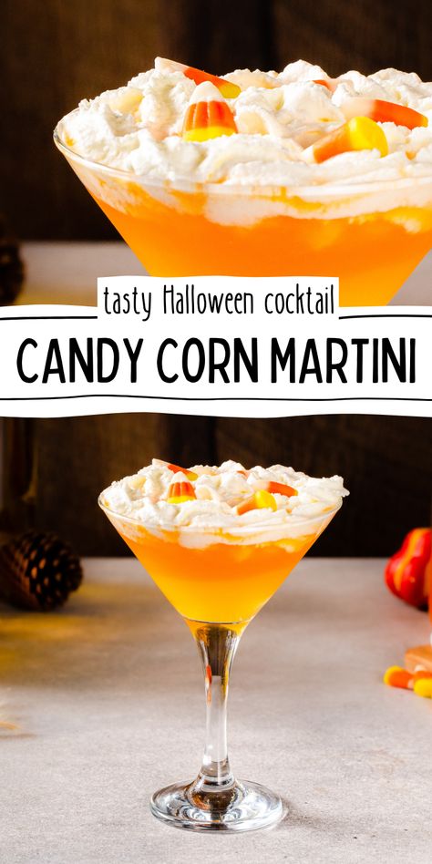 Close up of Candy Corn martini with whipped cream on top and mini candy corns, and below that is a pulled back shot showing the whole drink. Text in the middle says "Tasty Halloween Cocktail - Candy Corn Martini". Candy Corn Drink Alcohol, Candy Infused Vodka, Candy Corn Cocktail, Candy Corn Martini, Candy Corn Drink, Candy Corn Drinks, Candy Corn Jello Shots, Alcohol Candy, Mango Vodka