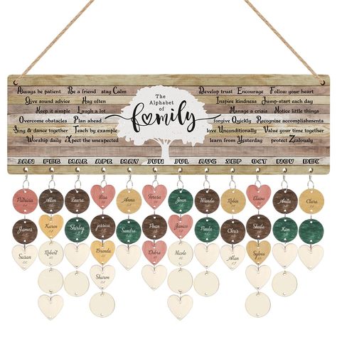 PRICES MAY VARY. 📝A Warm Tool to Remind Birthdays and Anniversaries📝——Just add the name and date on each tag then hang it! You will not forget and miss any family or friends birthdays, celebrations, anniversaries and some special days again. 👨‍👩‍👧‍👦Enjoy the DIY Time👨‍👩‍👧‍👦——It’s a nice chance to gather your kids and family to DIY a unique birthday gift by creating a unique family birthday board. Hands-on teaching will be a wonderful experience to children. 🎁Full of Love Wall Decor Gi Family Birthday Calendar Ideas, Acrylic Family Birthday Calendar, Wood Birthday Calendar, Birthday Wooden Calendar, Birthday Reminder Board, Birthday Calendar Board, Wooden Family Birthday Calendar, Alphabet Birthday, Family Birthday Calendar