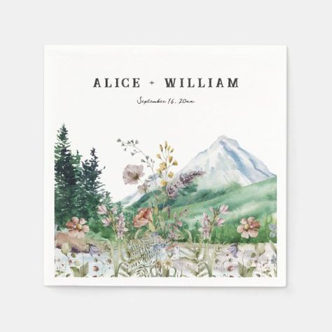 Rustic Mountain Wildflower | Wedding Napkin for $44.85 - Wedding Table Serving & Decorations Summer Mountain Wedding Decor, Wedding Invitation Mountain, Watercolor Welcome Sign, Mountain Save The Date, Mountain Wildflower Wedding, Wedding Mountain Theme, Wildflower Color Palette Wedding, Mountain Palette, Mountain Themed Wedding