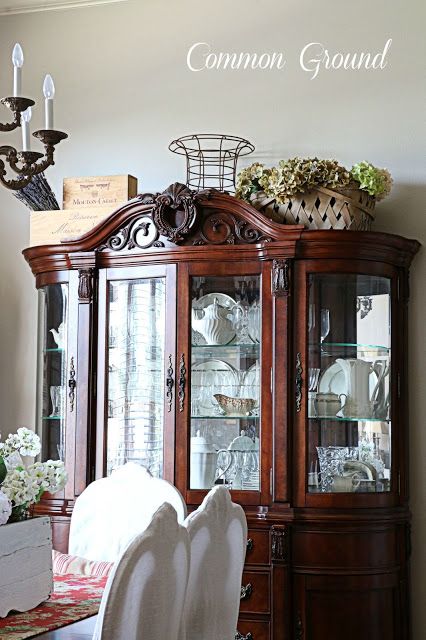 common ground : Ideas on Styling a Cabinet or Cupboard Top Cabinet Top Decor, Top Of Cabinet Decor, China Cabinet Decor, Top Of Cabinets, Dining Room Cabinet, Above Kitchen Cabinets, Above Cabinets, Kitchen Cabinets Decor, Shabby Chic Interiors