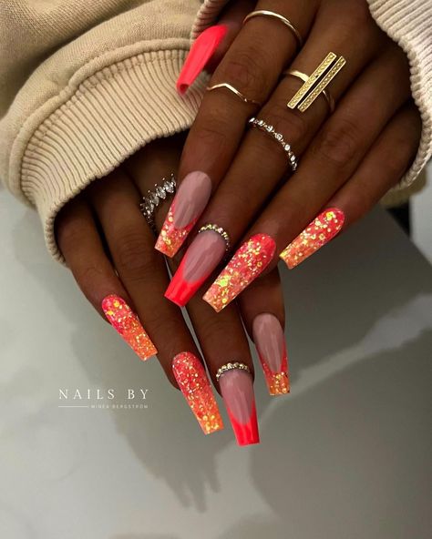 Bright Summer Acrylic Nails, Neon Acrylic Nails, Yellow Nail, Fluorescent Orange, Amazing Nails, Fancy Nails Designs, Accent Nail, Nice Nails, Vibrant Nails