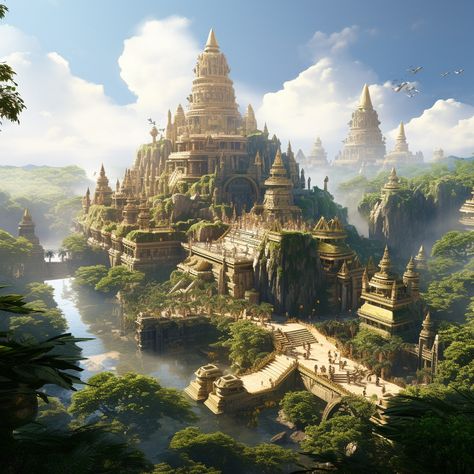 A sprawling ancient citadel nestled amidst lush tropical jungles, inhabited by a civilization led by a ruler reminiscent of King Ravana. Dive into the architecture, culture, and mystique of this fictional kingdom Ravana Palace, King Ravana, Jungle Temple, Ancient Pyramids, Dragon Silhouette, Ancient Indian Architecture, Ancient Kingdom, Jungle Art, Fantasy City