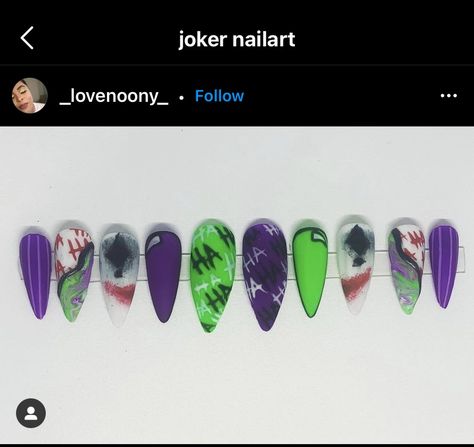 Joker Nail Ideas, Skyrim Nail Art, The Joker Nails Designs, Joker Nails Designs Simple, Joker Halloween Nails, Joker Acrylic Nails, Joker Themed Nails, Joker Nails Acrylic, Joker Inspired Nails